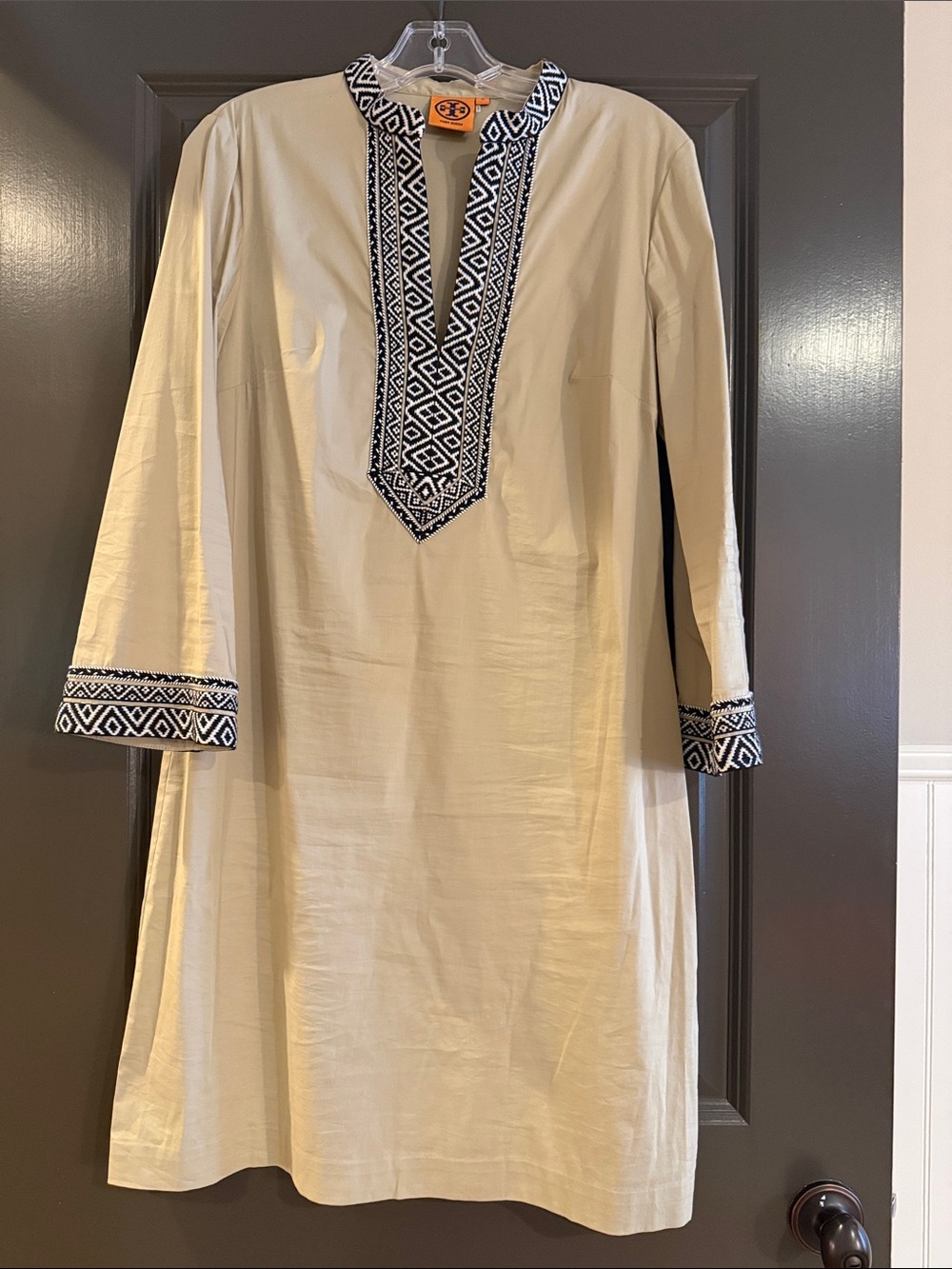 Tory Burch Beige Tunic Dress with Navy Geometric Trim